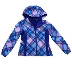 Snozu Softshell Jacket Girls M 10/12 Blue Purple Plaid Fleece Lined Hooded EUC